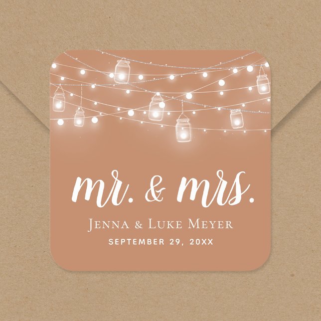 Rustic String Lights Mr. and Mrs. Wedding Monogram Square Sticker (Creator Uploaded)