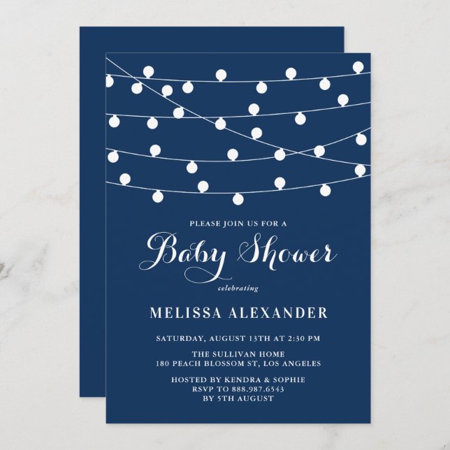 Rustic String Lights Navy Blue Baby Shower Brunch Invitation (Front/Back)
