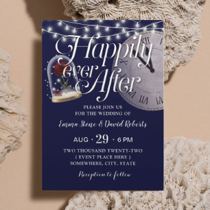 Rustic String Lights Navy Blue Fairytale Wedding Invitation
