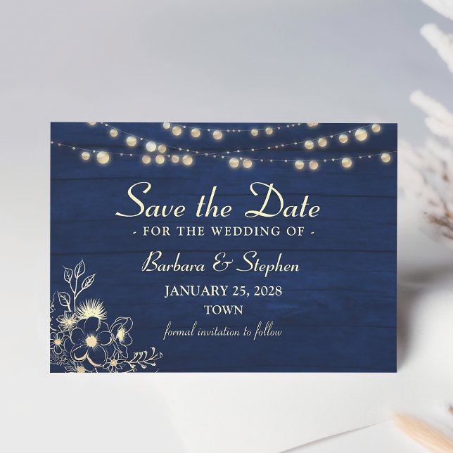 Rustic String Lights Navy Blue Save The Date (Creator Uploaded)