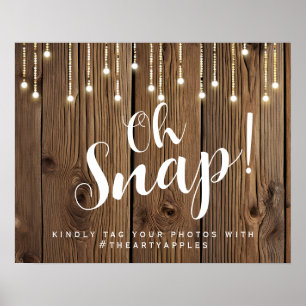Rustic string lights oh snap wedding sign hashtag