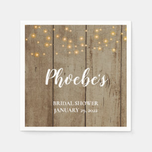 Rustic String Lights on Faux Wood Bridal Shower Napkin