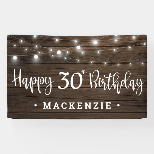 Rustic String Lights on Wood 30th Birthday Banner (Horizontal)