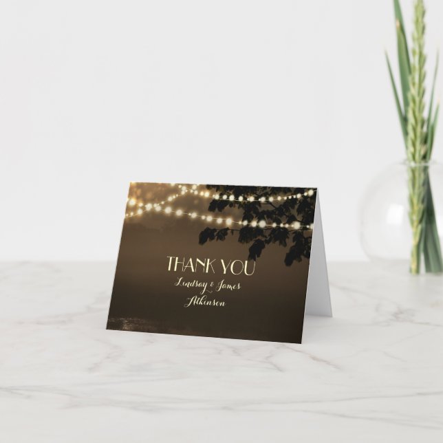 Rustic String Lights Outdoor Wedding Thank You Card (Front)