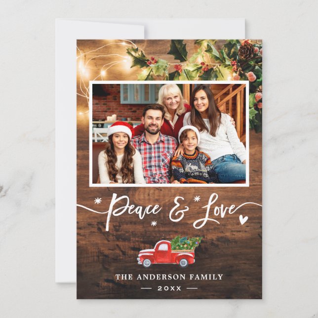 Rustic String Lights Peace Love Red Truck Photo Holiday Card (Front)