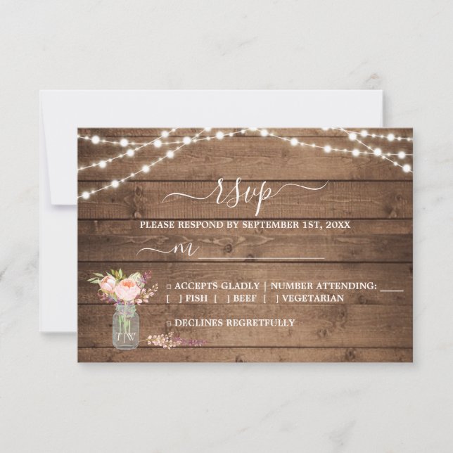 Rustic String Lights Peony Wedding RSVP Card (Front)
