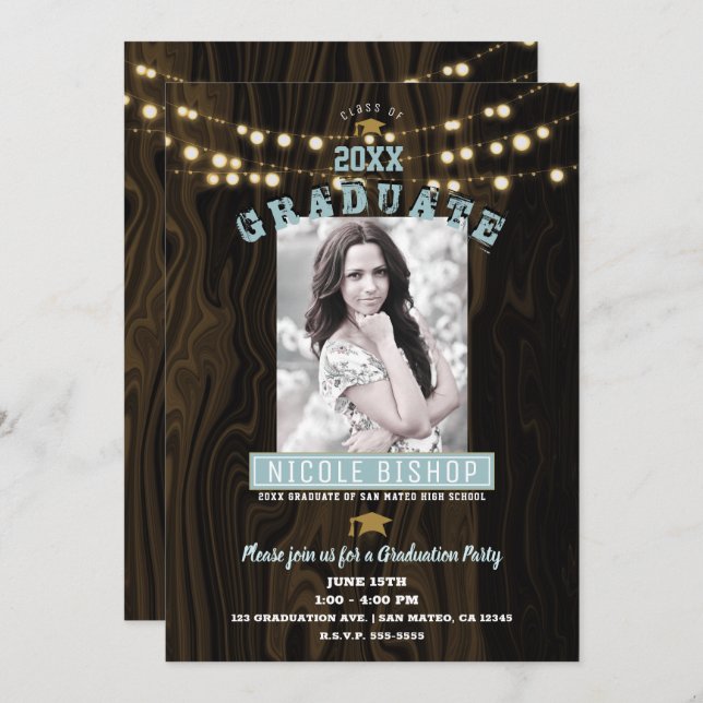Rustic String Lights Photo Graduation Party   Invitation (Front/Back)