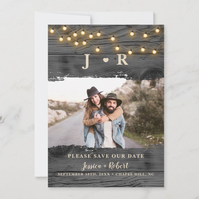 Rustic String Lights Photo Save the Date Card (Front)