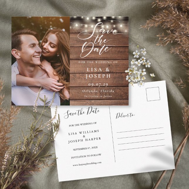 Rustic String Lights Photo Wedding Save the Date Postcard (Creator Uploaded)