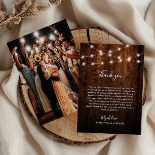 Rustic String Lights, Photo & Wood Wedding Thank You Card