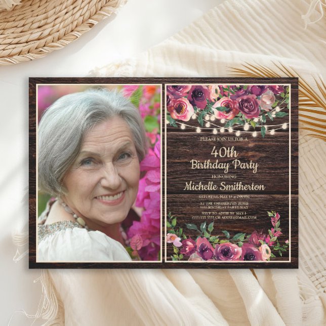 Rustic String Lights Pink Floral Birthday Photo Invitation (Purple flowers on rustic wood photo birthday party invitation)