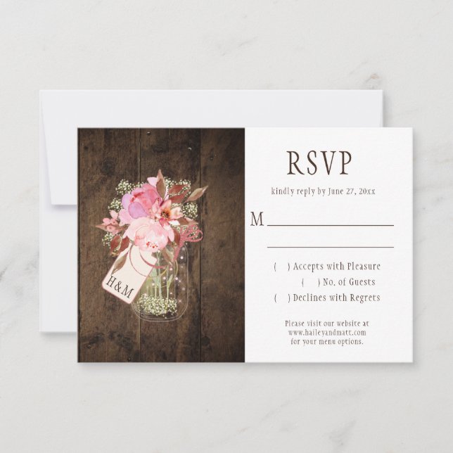 Rustic String Lights Pink Mason Jars RSVP (Front)
