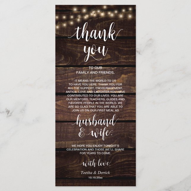 Rustic String lights, Place Setting Thank You Card (Front)