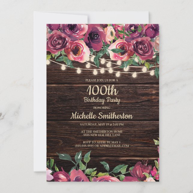 Rustic String Lights Purple Floral 100th Birthday Invitation (Front)
