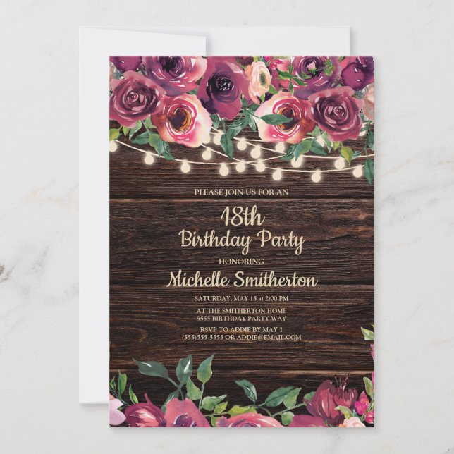 Rustic String Lights Purple Floral 18th Birthday Invitation (Front)