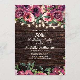 Rustic String Lights Purple Floral 30th Birthday Invitation