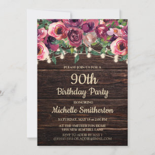 Rustic String Lights Purple Floral 90th Birthday Invitation