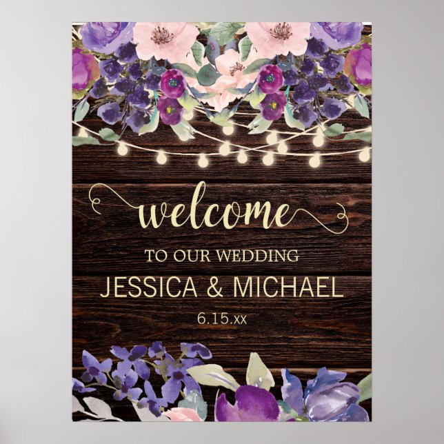 Rustic String Lights Purple Pink Floral Wedding Poster (Front)