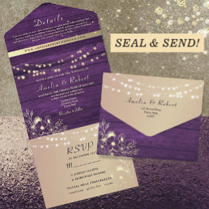 Rustic String Lights Purple Wedding All In One Invitation
