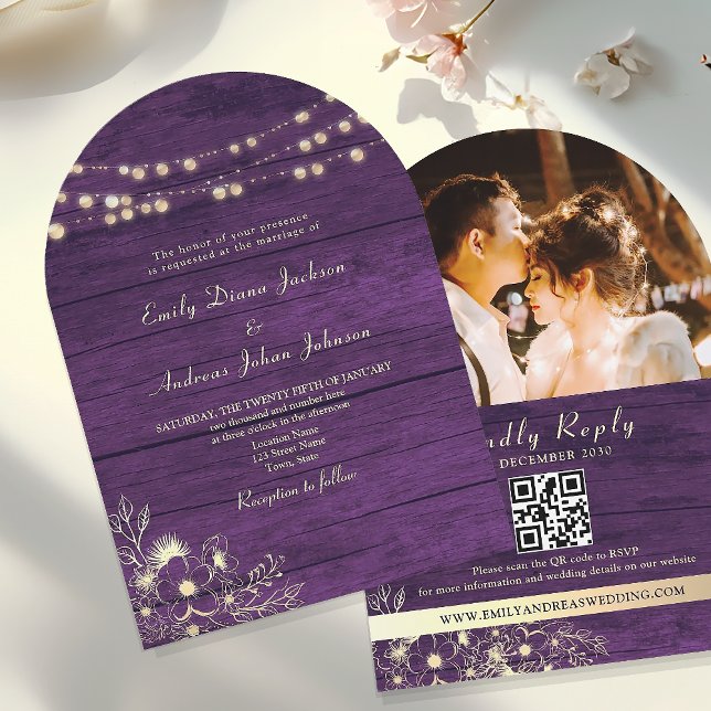 Rustic String Lights Purple Wedding QR Code Invitation (Creator Uploaded)