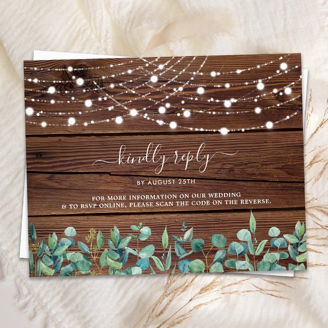 Rustic String Lights QR Code Wedding RSVP Invitation Postcard (Creator Uploaded)