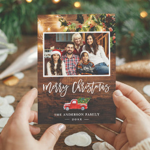 Rustic String Lights Red Christmas Truck Photo Holiday Card