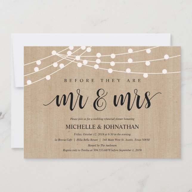 Rustic String Lights Rehearsal Dinner Invites (Front)