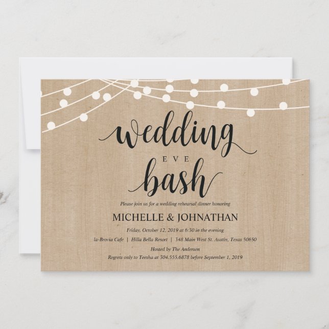 Rustic String Lights Rehearsal Dinner Invites (Front)
