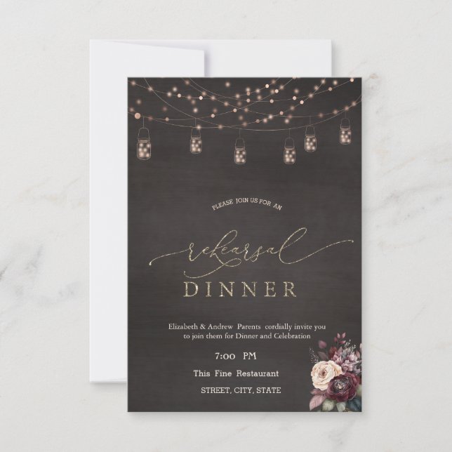 Rustic String Lights Roses Rehearsal Dinner  Invitation (Front)