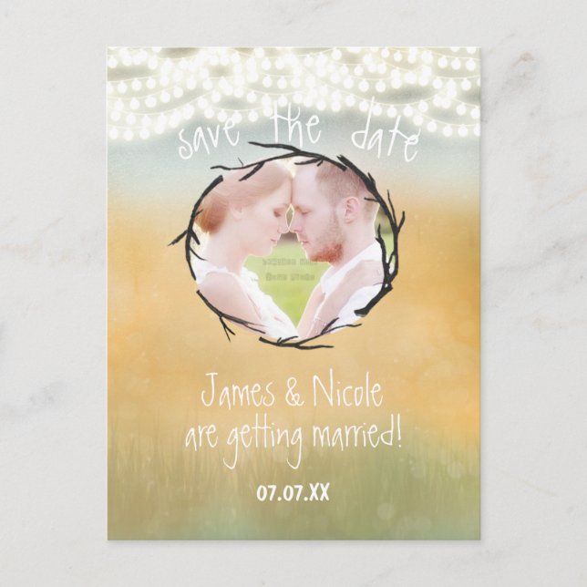 Rustic String Lights Save Date Photo Postcard (Front)