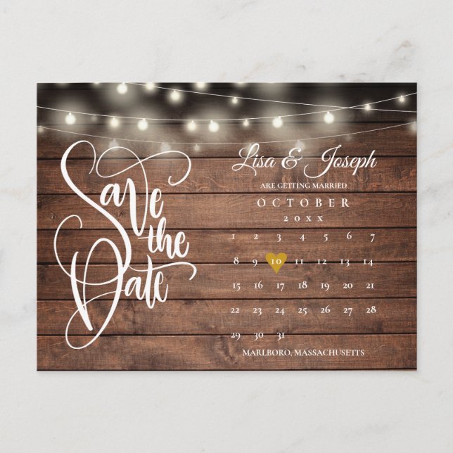 Rustic String Lights Save the Date Calendar Photo  Announcement Postcard (Front)