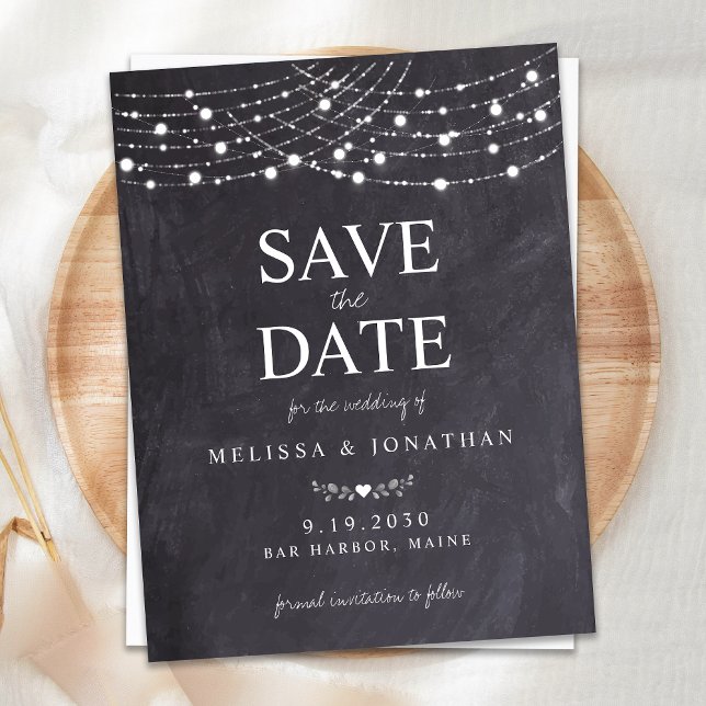 Rustic String Lights Slate Chalkboard Wedding Save Invitation Postcard (Creator Uploaded)