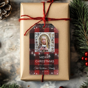 Rustic String Lights Snow Flake Red Plaid Photo Gift Tags