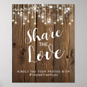 Rustic string  lights Social media wedding hashtag Poster