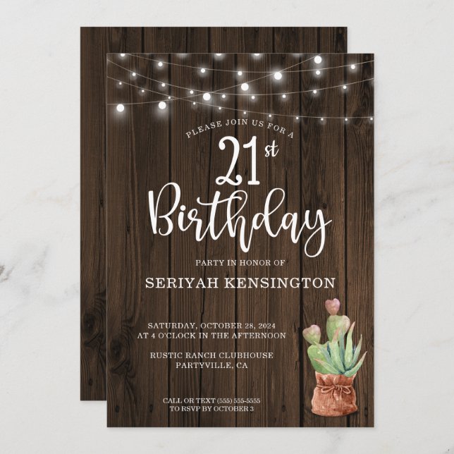 Rustic String Lights Succulent 21st Birthday Invitation (Front/Back)