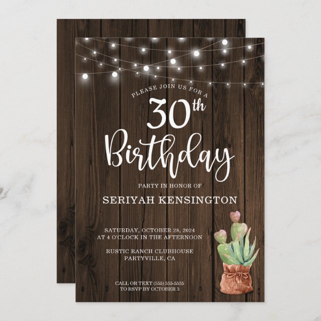 Rustic String Lights Succulent 30th Birthday Invitation (Front/Back)