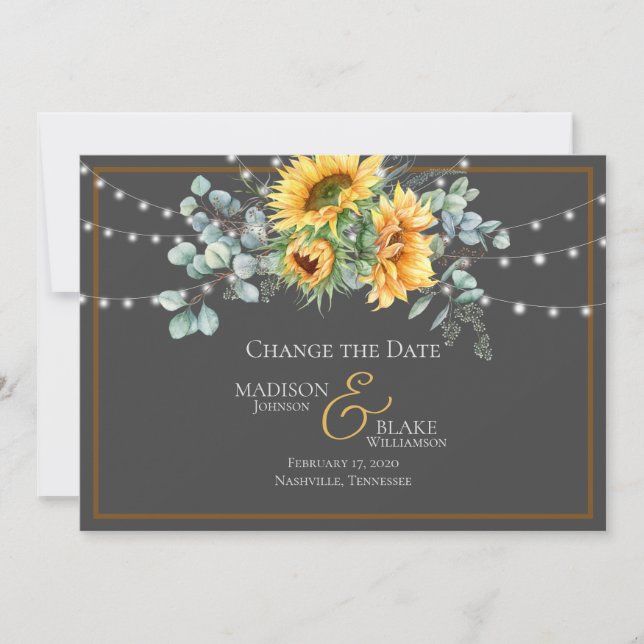 Rustic String Lights Sunflower Change the Date Save The Date (Front)