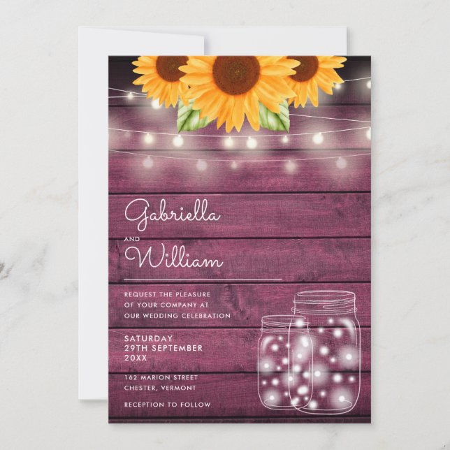 Rustic String Lights Sunflower Mason Jars Wedding Invitation (Front)