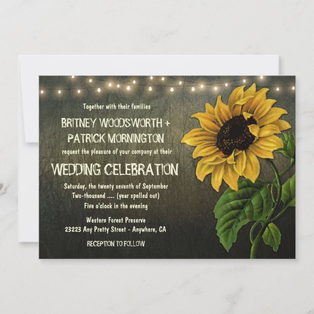 Rustic String Lights Sunflower Wedding Invitations (Front)