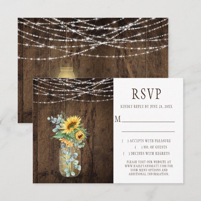 Rustic String Lights Sunflowers Mason Jars RSVP Card (Front/Back)