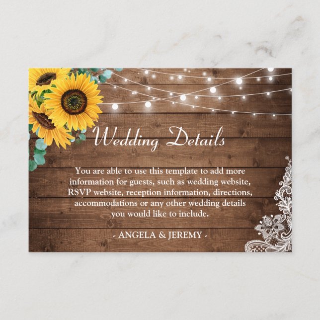 Rustic String Lights Sunflowers Wedding Details Enclosure Card (Front)