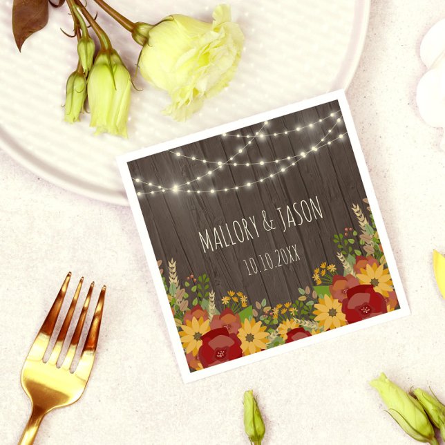 Rustic String Lights & Sunflowers Wedding Napkin (Creator Uploaded)