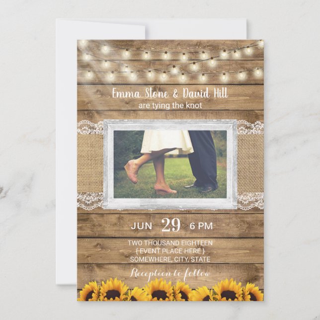 Rustic String Lights & Sunflowers Wedding Photo Invitation (Front)