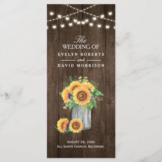 Rustic String Lights Sunflowers Wedding Program Programme (Front)