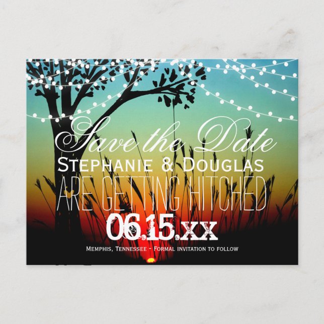 Rustic String Lights Sunset Save the Date Postcard (Front)