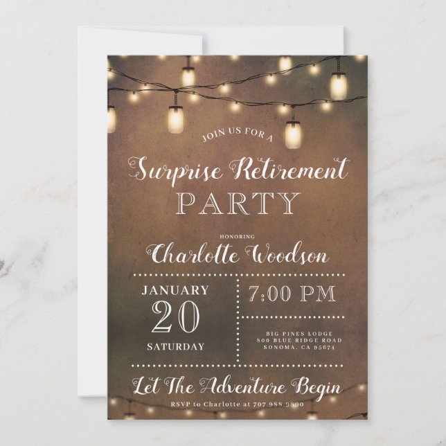 Rustic String Lights Surprise Retirement Party Invitation (Front)