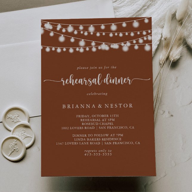 Rustic String Lights Terracotta Rehearsal Dinner   Invitation (Creator Uploaded)
