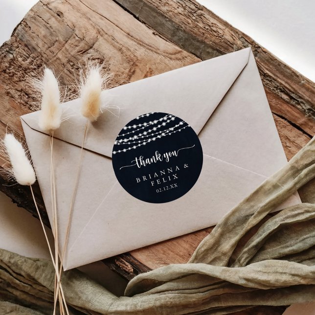 Rustic String Lights Thank You Wedding Favour   Classic Round Sticker (Creator Uploaded)