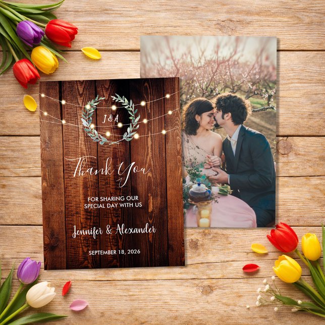 Rustic string lights Thank you wedding photo card (Rustic string lights Thank you wedding photo card. Beautiful card to say thank you to your guests.)