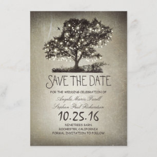 Rustic string lights tree save the date cards